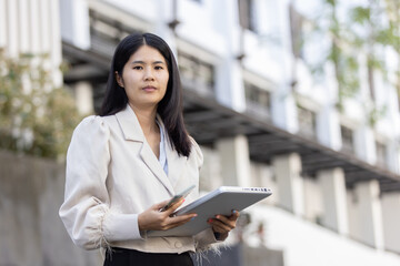 Future remote work combines technology smart phone connection online white digital business woman...