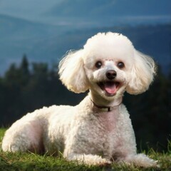 Serene white poodle dog sitting on grassy hill, looking at camera in beautiful landscape with trees and mountains.
