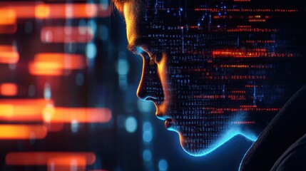 Man’s Face with Binary Code and Neon Light