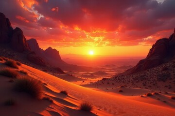 Fototapeta premium Fiery Sunset Over Vast Desert Landscape with Rolling Sand Dunes and Rugged Mountains