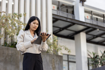 Future remote work combines technology smart phone connection online white digital business woman...