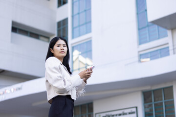 Future remote work combines technology smart phone connection online white digital business woman...