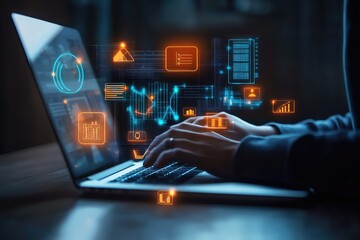 A conceptual illustration of a student working on a laptop, surrounded by floating e-learning icons and business graphs.