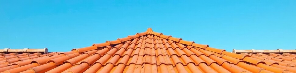 Naklejka premium Brightly colored pyramid tile roof under a clear blue sky, roof, sun, orange