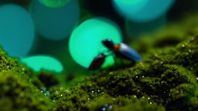 Extreme close-up video, tiny insect on a mossy patch of the lush forest floor, illuminated with green and blue gels, macro camera movement, color gel lighting