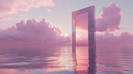 Ethereal Reflection of a Portal in Serene Water Under Sunset Skies