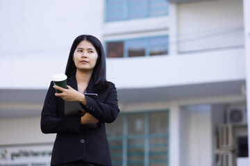 Future remote work combines technology smart phone digital business woman enable e-learning...