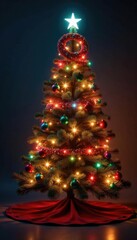 Fototapeta premium Bright shining colorful Christmas tree with a festive wreath on top, decorations, bright
