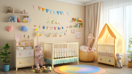 A charming 3D rendering of a children's nursery room featuring soft pastel walls, a crib, playful furniture, shelves filled with toys, and a cozy, welcoming atmosphere ideal for a newborn’s room.