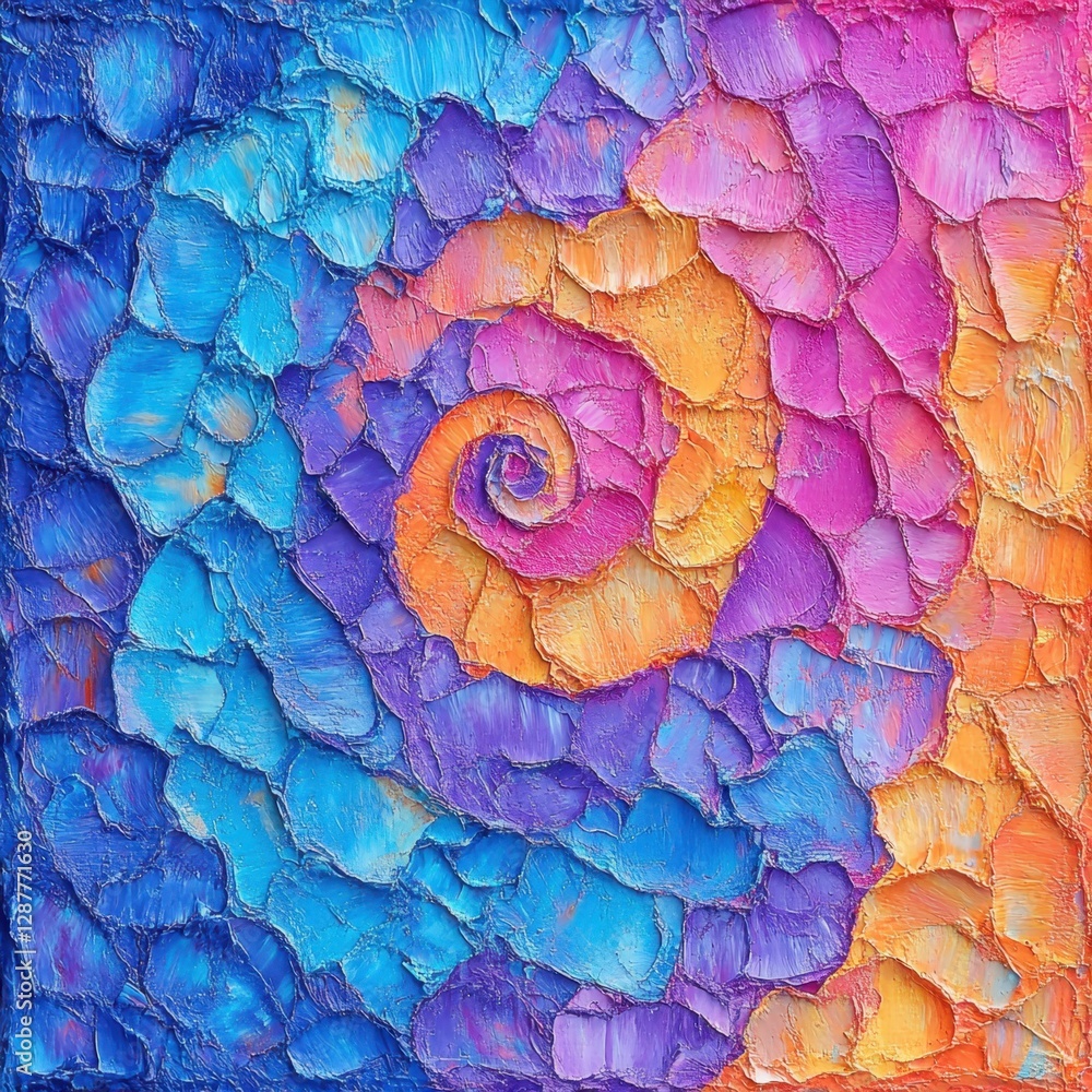 Poster vibrant impasto painting featuring a mesmerizing spiral pattern with rich texture and bold color tra