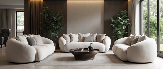 Modern living room interior design with sofas and armchairs.