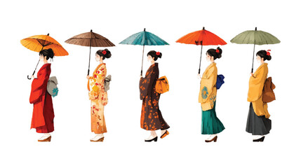A charming collection of hand-drawn Japanese-style illustrations featuring women in elegant kimono suits, each holding a unique umbrella