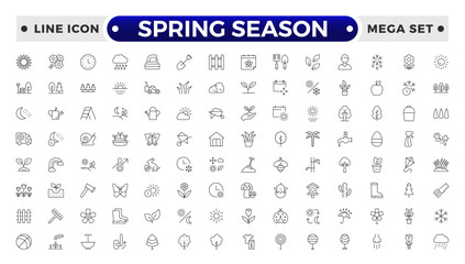 Spring season Equipment Icons Pack. Thin line icons set. Flatiron collection set.Outline planting flowers and seeds, watering can and fertilizers. Spring, agriculture and gardening concept.
