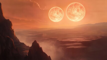 planet with twin suns, casting double shadows over its landscape.