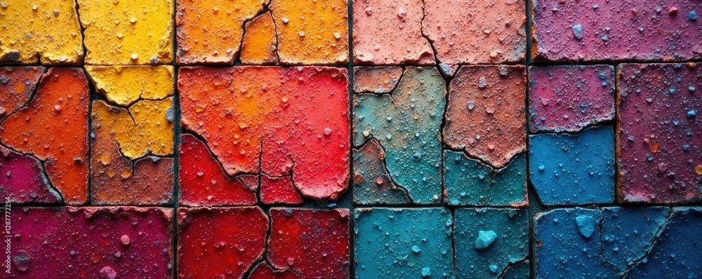 Poster broken tile mosaic with different colored shards and cracks, depth, tile