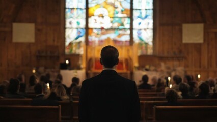 Obraz premium Man in Suit Standing in Front of Stained Glass Window in Church During Sermon, Audience in Wooden Pews.