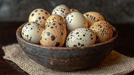 Obraz premium Quail eggs in a wooden bowl on burlap, dark background, food photography
