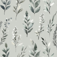 Delicate leaves painted in serene watercolor, creating elegant botanical pattern on gray backdrop