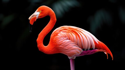 Flamingo standing, dark background, zoo