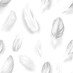 Delicate white feathers floating in airy composition against a bright, seamless background