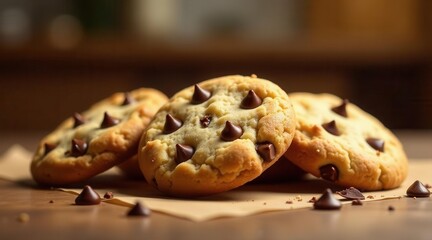 A delectable trio of freshly baked chocolate chip cookies, arranged on parchment paper, with scattered chocolate chips adding to the tempting image of sweet indulgence