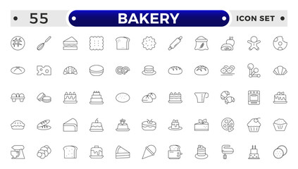 Bakery and dessert outline icon. Contains such Icons as cookie, pudding, oven, kitchen tools, doughnut, bread, macaroon, muffin And Other Elements. customize color, easy resize.