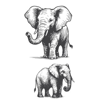 High-quality hand drawn elephat illustration with intricate details, perfect for artistic and creative projects, retro-style prints, and unique digital assets