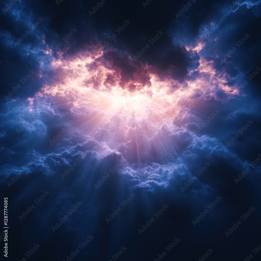 Poster ethereal light streaming through dramatic storm clouds creating a celestial atmosphere and divine mo