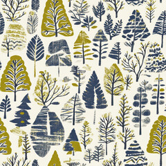 Fototapeta premium Dense forest, trees stylized in blue and gold, standing tall on an ivory background, textured