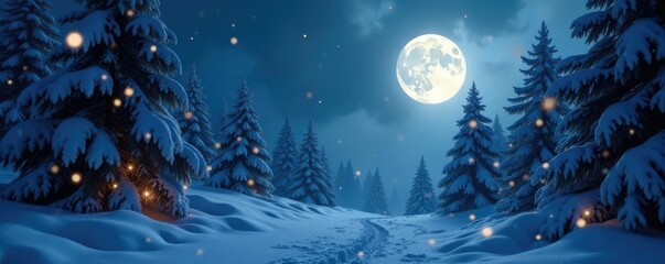 Fototapeta premium Full Moon casts a mystical glow over a snow-covered pine forest with sparkling fairy lights and misty atmosphere, sparkling, frosty