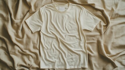 Cream Colored T-Shirt on Beige Fabric Background