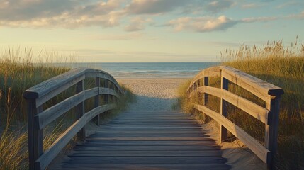 wooden boardwalk leading to the beach at sunset