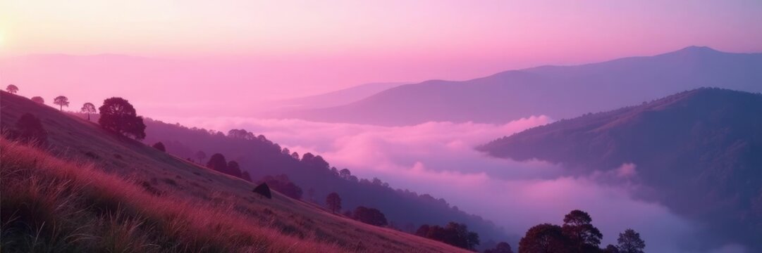 Galashiels Hills bathed in soft pink cloud light, misty, hills