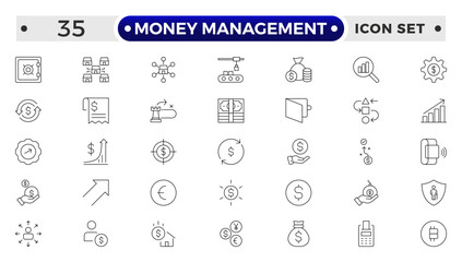 set of money management outline icon. money management, wallet, banking, ATM, piggy bank, investment profit, finance growth chart, money increase, finance icon collections. vector illustration.