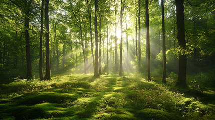 Fototapeta premium Sunlit Forest Scene with Tall Trees Lush Greenery and Sunlight Streaming Through Branches