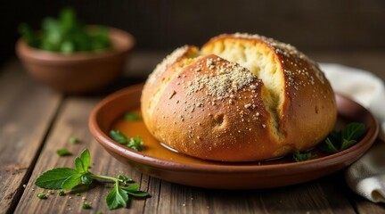 A rustic artisan bread, baked to golden perfection, nestled in a savory sauce, garnished with fresh herbs on a wooden surface