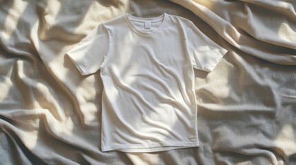 White Cotton T-Shirt on Beige Knit Fabric Background