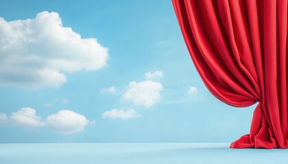 Kid's puppet theater show. Red curtains partially drawn against a bright blue sky with fluffy white clouds, creating a dramatic and inviting atmosphere.