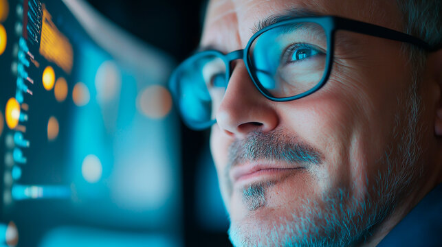 A man in a suit is smiling and looking in computer. Ofiice and bussines athmosphere on background