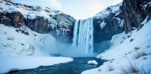 Majestic frozen waterfall cascading down the mountain slope, slope, snowy