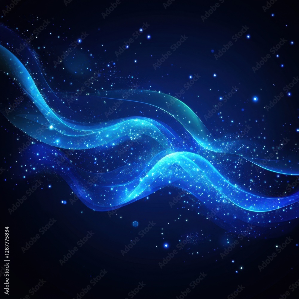 Poster ethereal blue waves with sparkling particles on dark backdrop a captivating display of light and mov