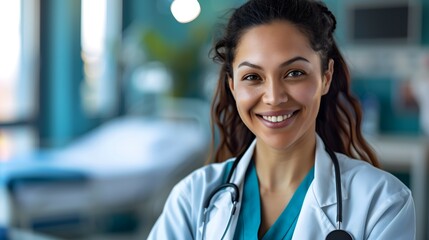 a professional and compassionate portrait of a smiling healthcare worker in a bright medical environment