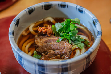 Delicious bowl of Udon Japanese noodle soup with herbs and meat