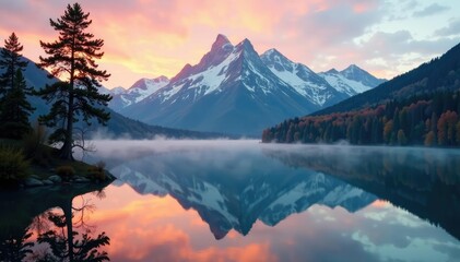 Fototapeta premium Majestic mountain range reflected in a serene lake under an autumn sky with oak trees silhouetted against fading light, misty, forest