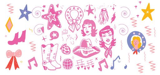Cowgirl coquettish illustration set, vector western bachelorette disco hand drawn party sticker. American traditional Texas hat, boots, female ranch girl portrait, pink ribbon bow. Groovy cowgirl icon