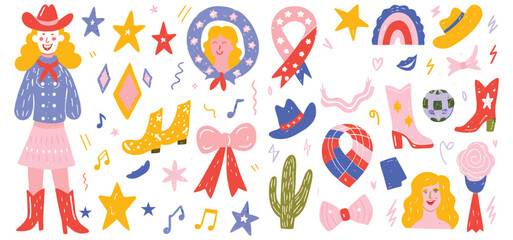 Cowgirl coquettish groovy party icon set vector hand drawn western bachelorette dancing doodle. American traditional hat, cowboy boots, disco ball, country woman face. Pink ribbon, cowgirl party print