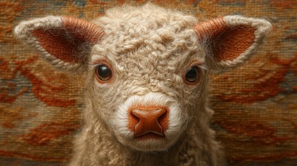 Fototapeta premium Adorable Woolly Lamb with Soft Curly Fur and Gentle Eyes in a Warm Rustic Setting