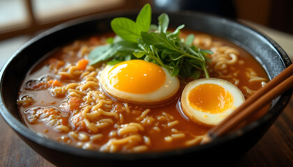 Traditional Japanese ramen with rich broth and poached egg - Scene should include a steaming bowl of ramen, beautifully decorated with greens and chopsticks.