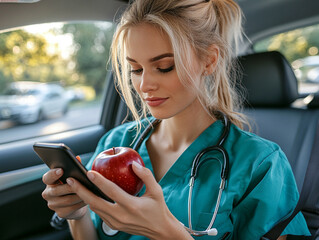 Young woman in scrubs checks phone while holding apple