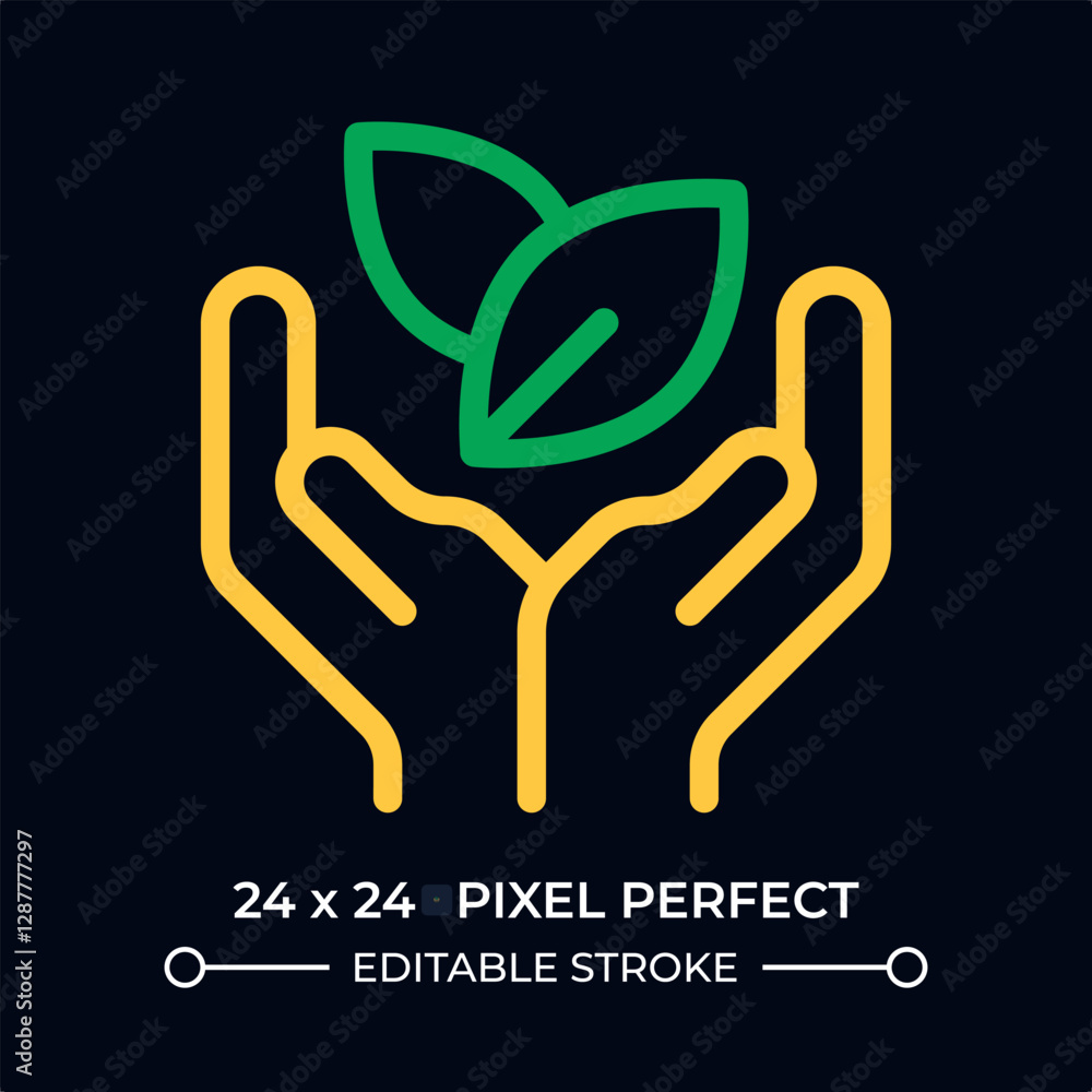Poster leaves in protecting hands dark color line ui icon. save nature and ecology. environment care. sprou